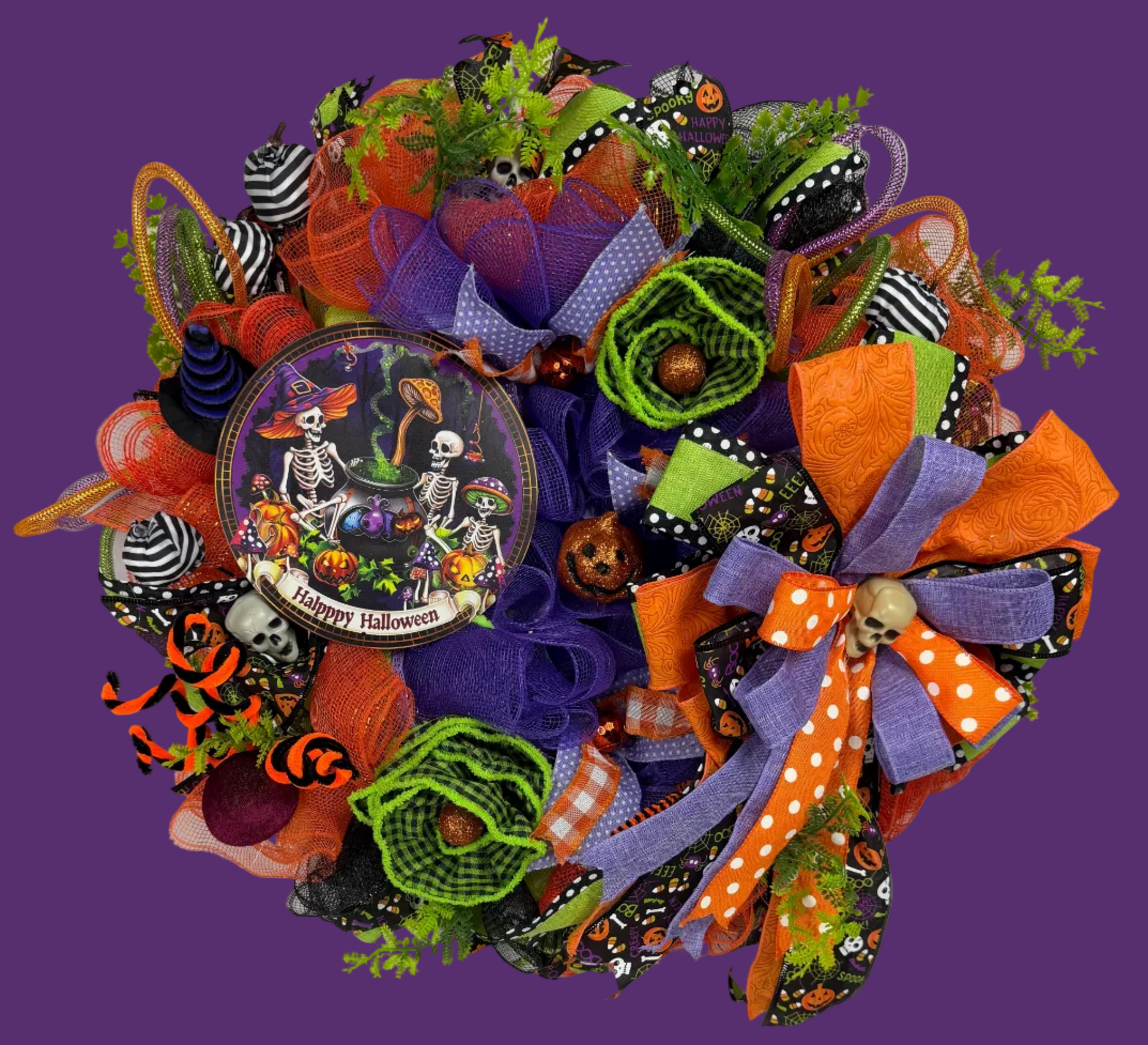 Happy Halloween Skeleton Wreath | Handmade Halloween Front Door Wreath | Spooky Skeleton Family Decor | Orange Purple Mesh