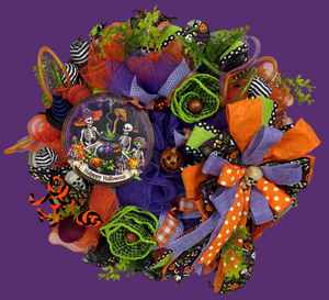 Happy Halloween Skeleton Wreath | Handmade Halloween Front Door Wreath | Spooky Skeleton Family Decor | Orange Purple Mesh