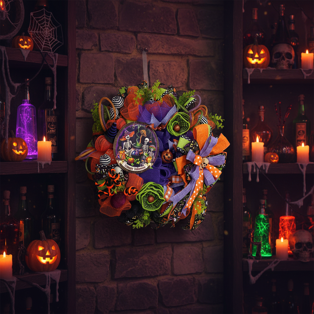 Happy Halloween Skeleton Wreath | Handmade Halloween Front Door Wreath | Spooky Skeleton Family Decor | Orange Purple Mesh