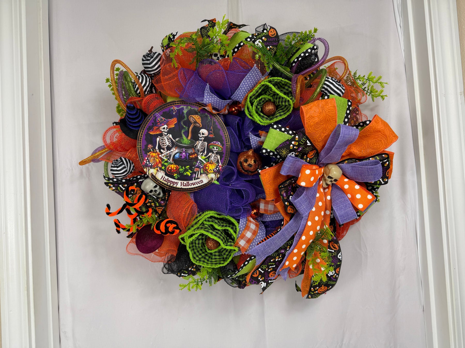 Happy Halloween Skeleton Wreath | Handmade Halloween Front Door Wreath | Spooky Skeleton Family Decor | Orange Purple Mesh