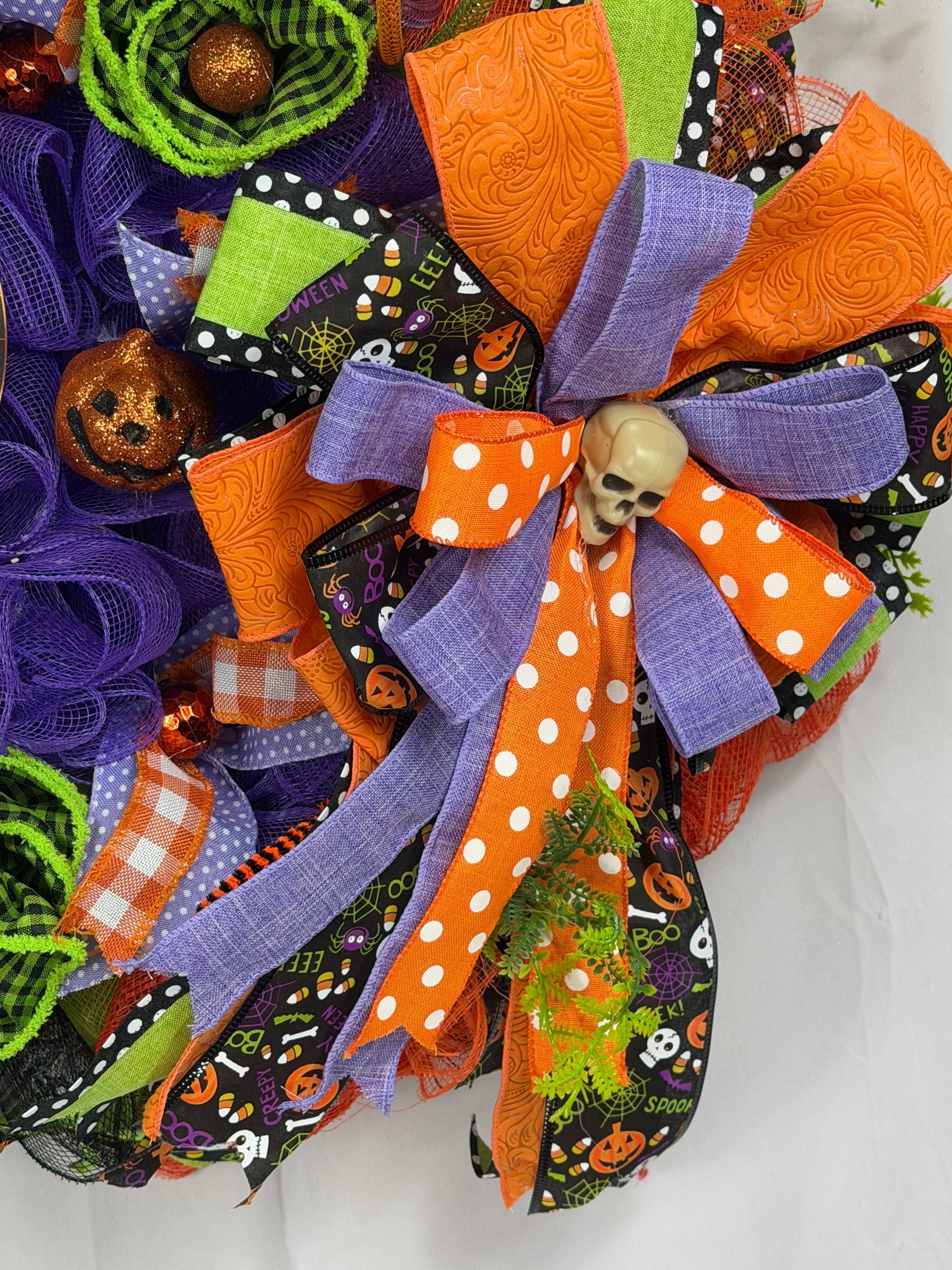 Happy Halloween Skeleton Wreath | Handmade Halloween Front Door Wreath | Spooky Skeleton Family Decor | Orange Purple Mesh