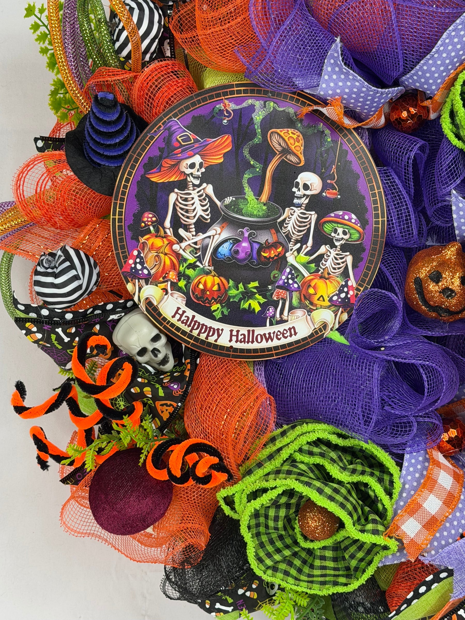 Happy Halloween Skeleton Wreath | Handmade Halloween Front Door Wreath | Spooky Skeleton Family Decor | Orange Purple Mesh