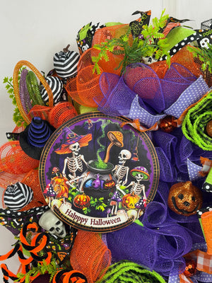 Happy Halloween Skeleton Wreath | Handmade Halloween Front Door Wreath | Spooky Skeleton Family Decor | Orange Purple Mesh