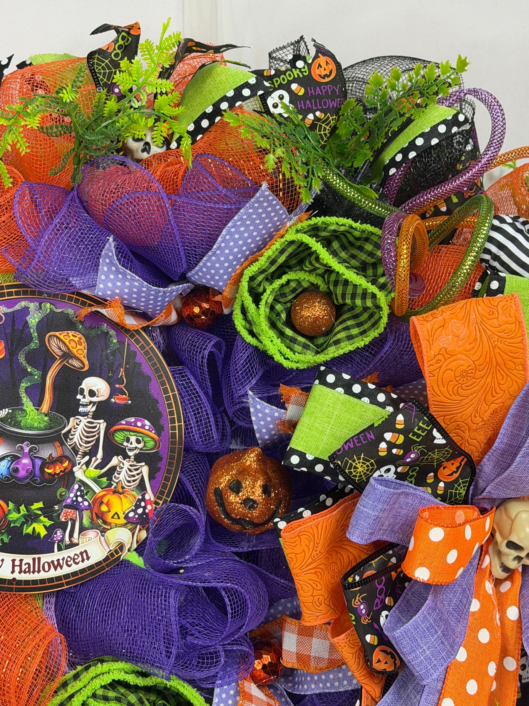 Happy Halloween Skeleton Wreath | Handmade Halloween Front Door Wreath | Spooky Skeleton Family Decor | Orange Purple Mesh