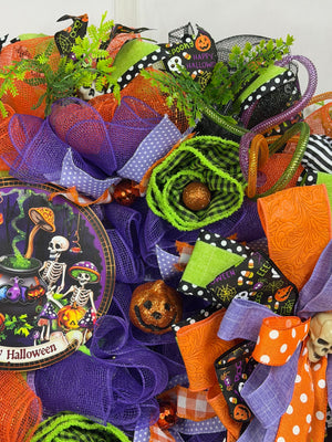 Happy Halloween Skeleton Wreath | Handmade Halloween Front Door Wreath | Spooky Skeleton Family Decor | Orange Purple Mesh