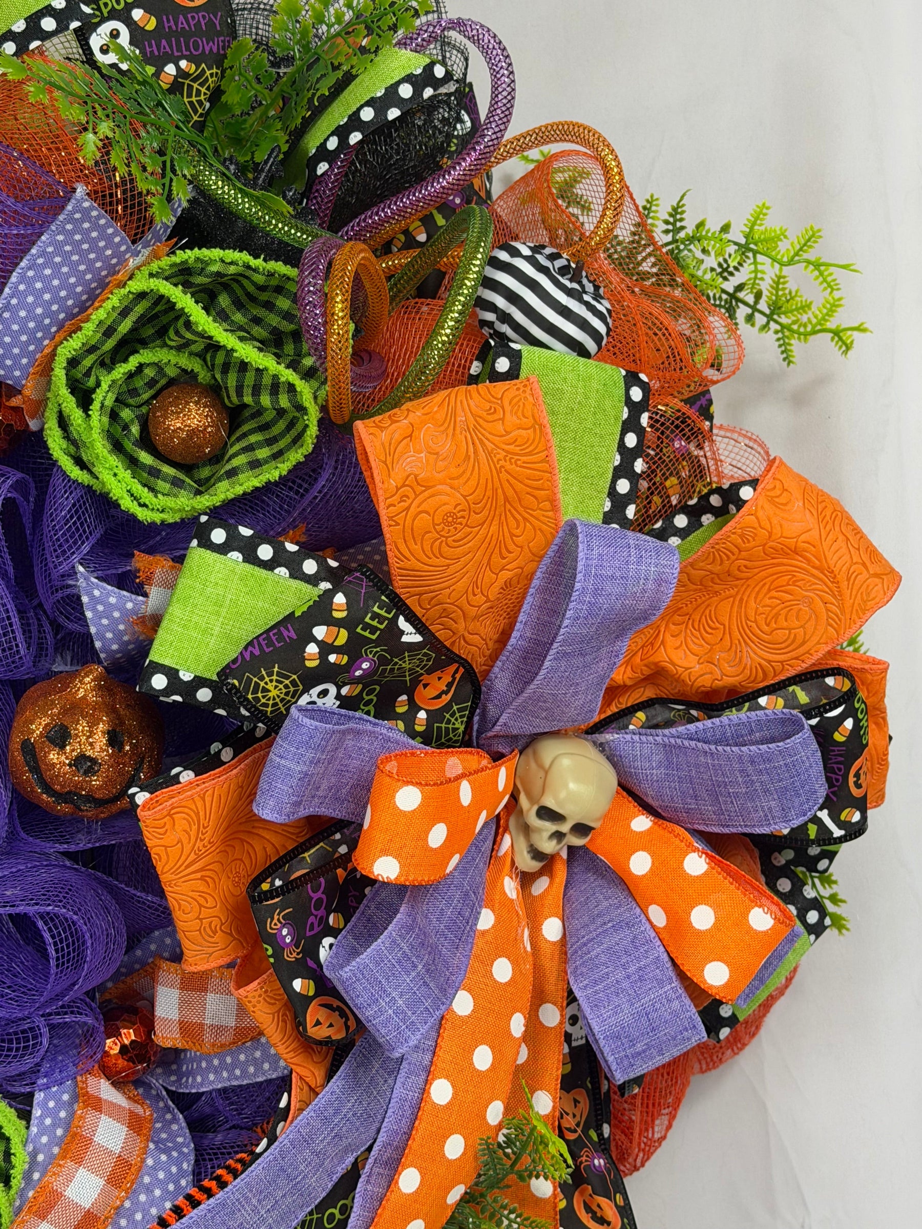 Happy Halloween Skeleton Wreath | Handmade Halloween Front Door Wreath | Spooky Skeleton Family Decor | Orange Purple Mesh