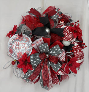 Merry Christmas Wreath | Traditional Christmas Front Door Wreath | Red Silver Farmhouse Holiday Decor | Handmade Christmas