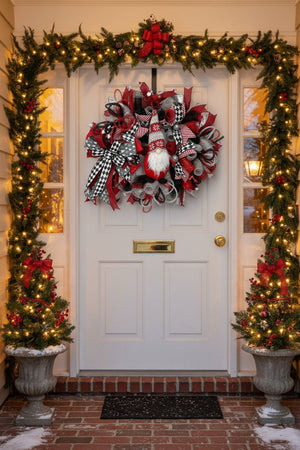 Christmas Gnome Wreath | Scandinavian Santa Gnome Front Door Wreath | Red Black Farmhouse Holiday Decor | Handmade Christmas