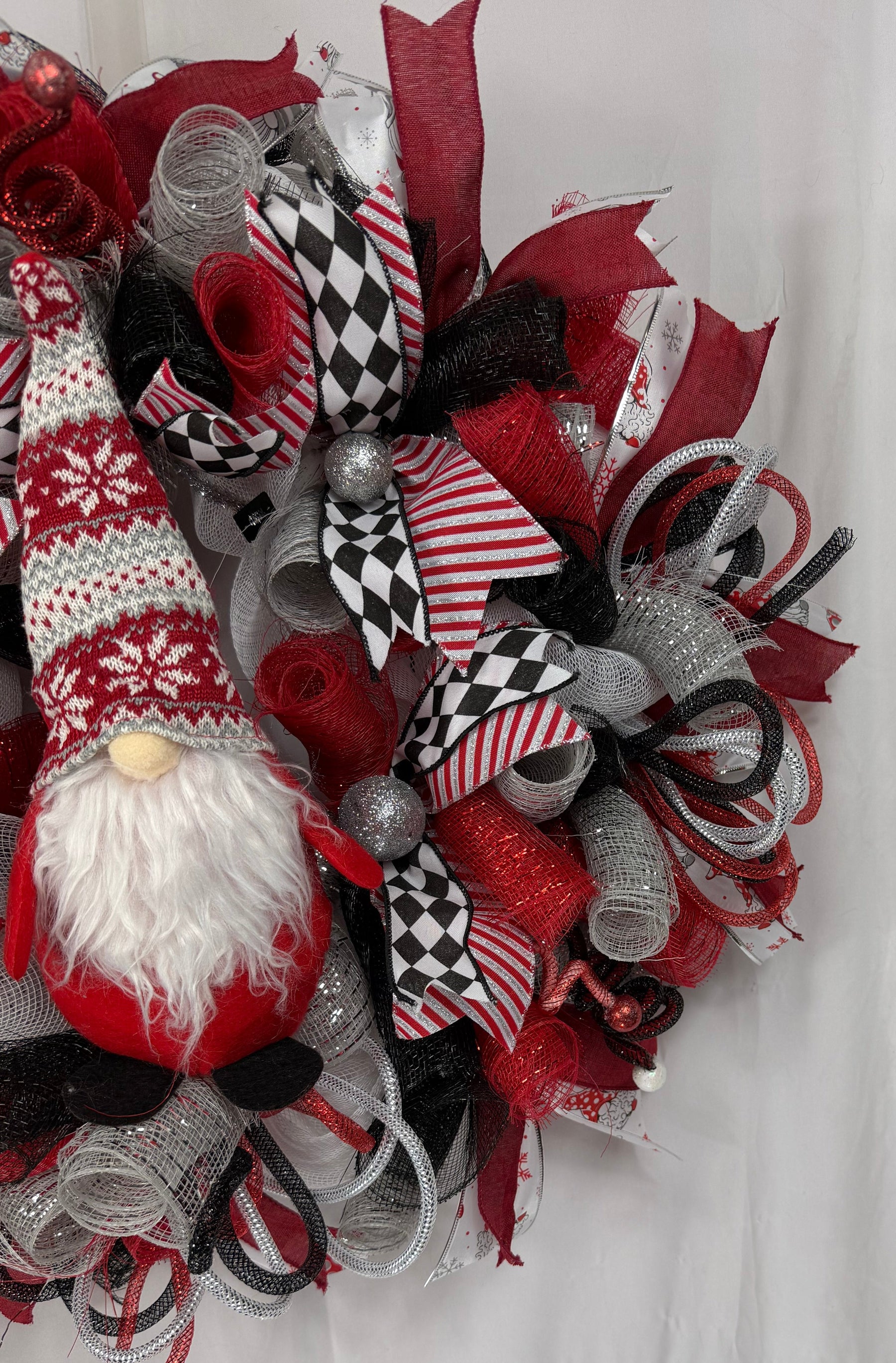 Christmas Gnome Wreath | Scandinavian Santa Gnome Front Door Wreath | Red Black Farmhouse Holiday Decor | Handmade Christmas