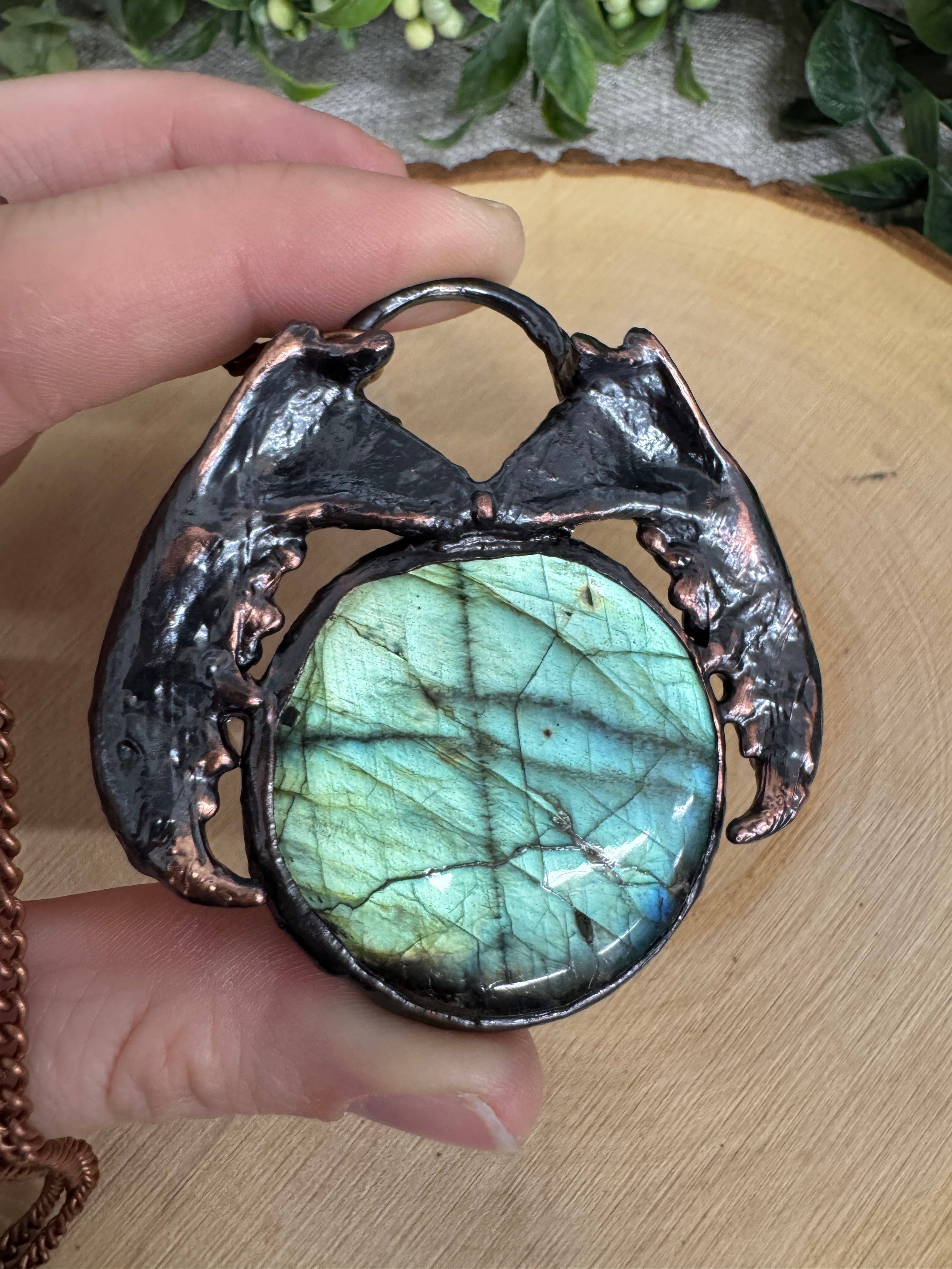 Lilith- Mink Jawbone and Labradorite Necklace detail view by Copper Ashes