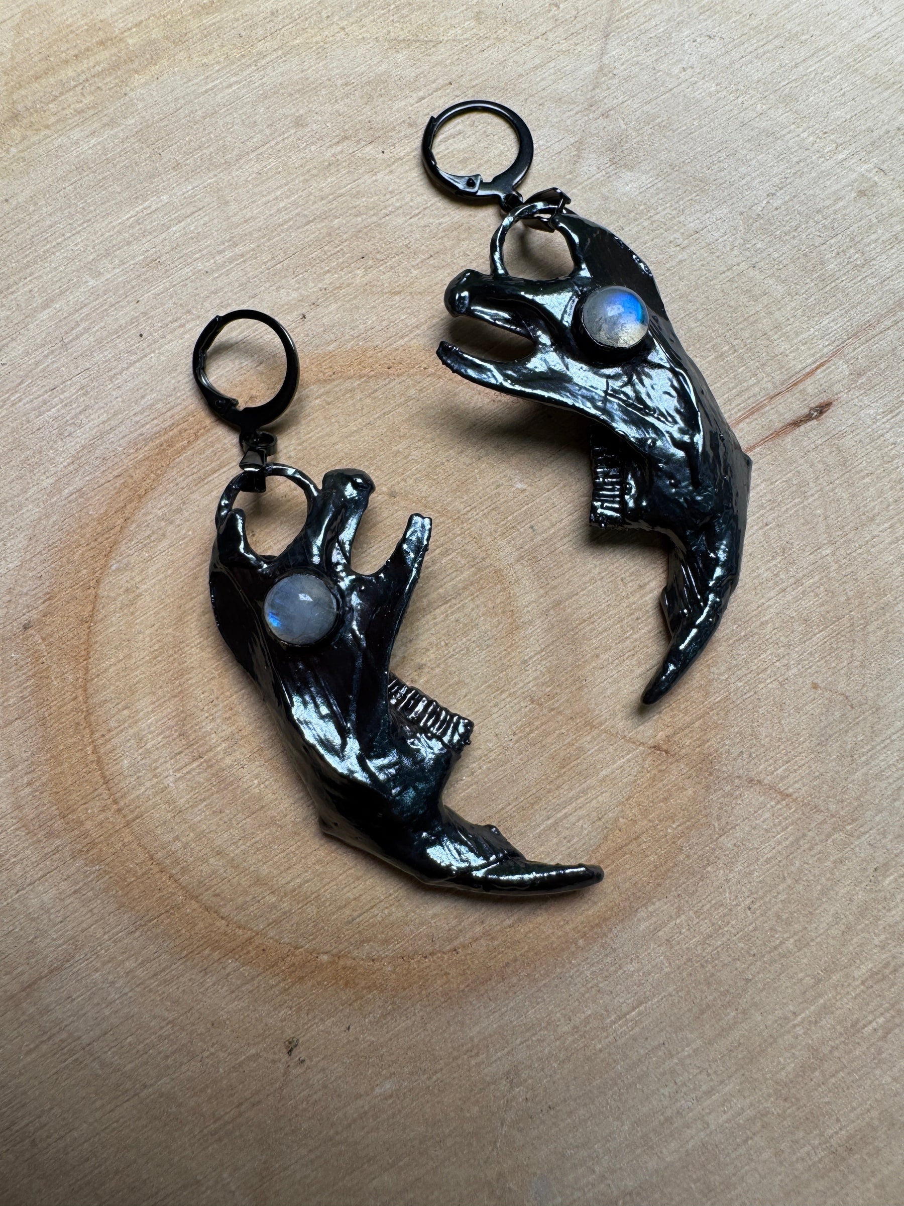 Scourge- Muskrat Jawbone and Moonstone Earrings detail view by Copper Ashes