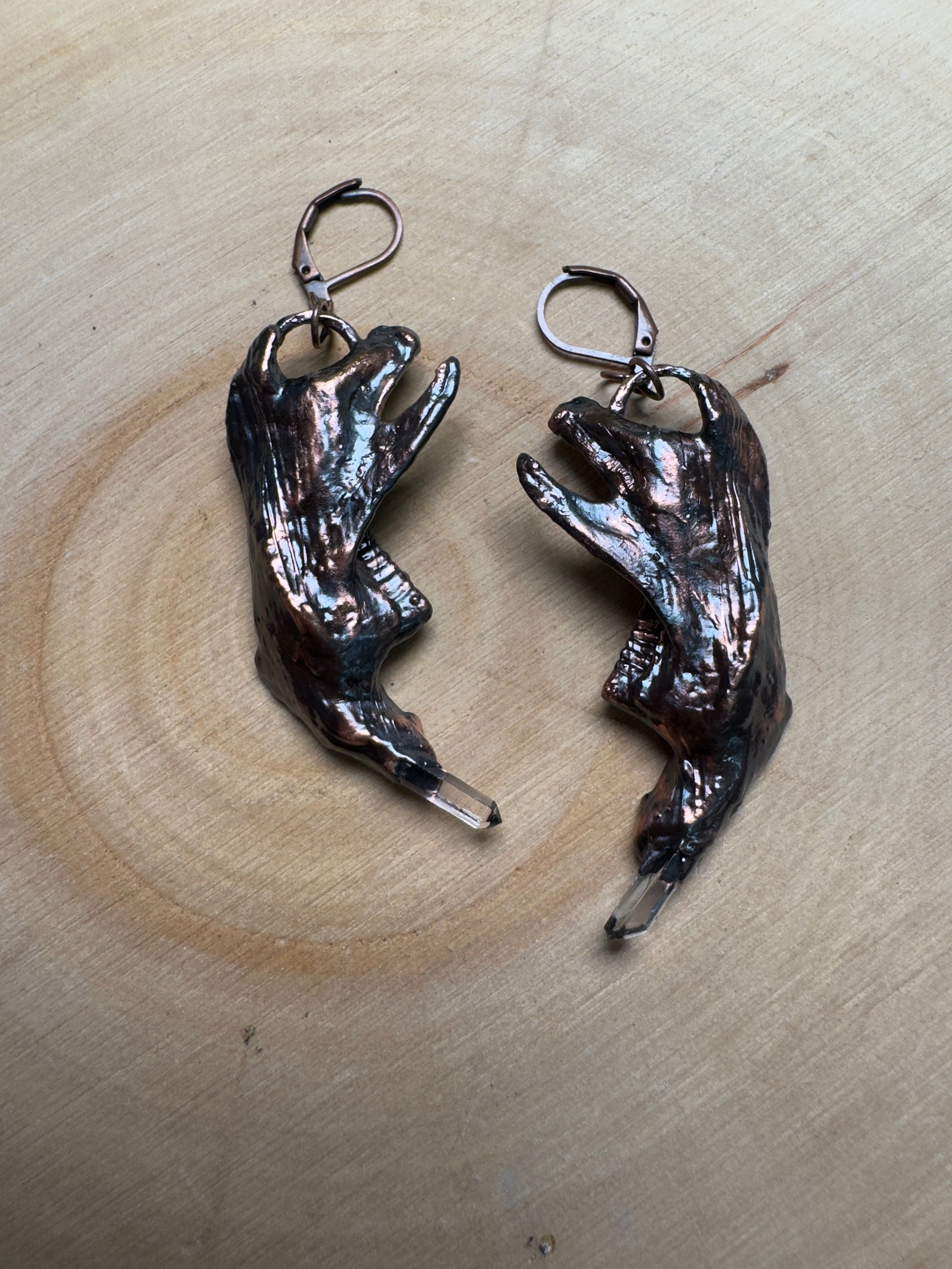 Beltharion- Muskrat Jawbone and Quartz Earrings detail view by Copper Ashes