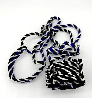Woven Bottle Holder – Black, Blue & White handwoven rope bottle holder by Nomadic State of Mind