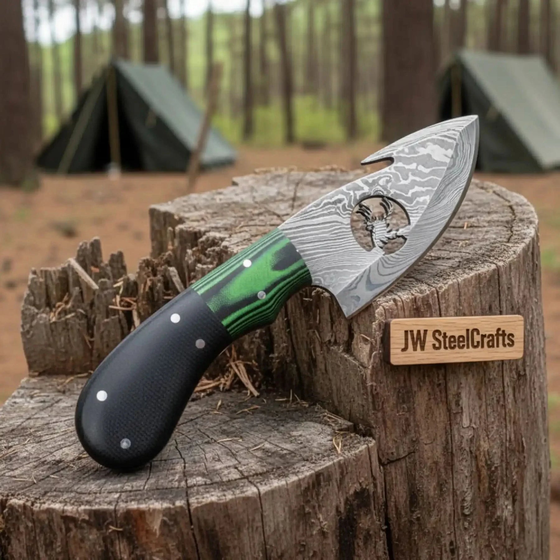 Damascus Steel Folding Gut Hook Skinner Knife 3-4 Inch Hunting Pocket Knife Liner Lock by JW SteelCrafts, Damascus knife main product photo