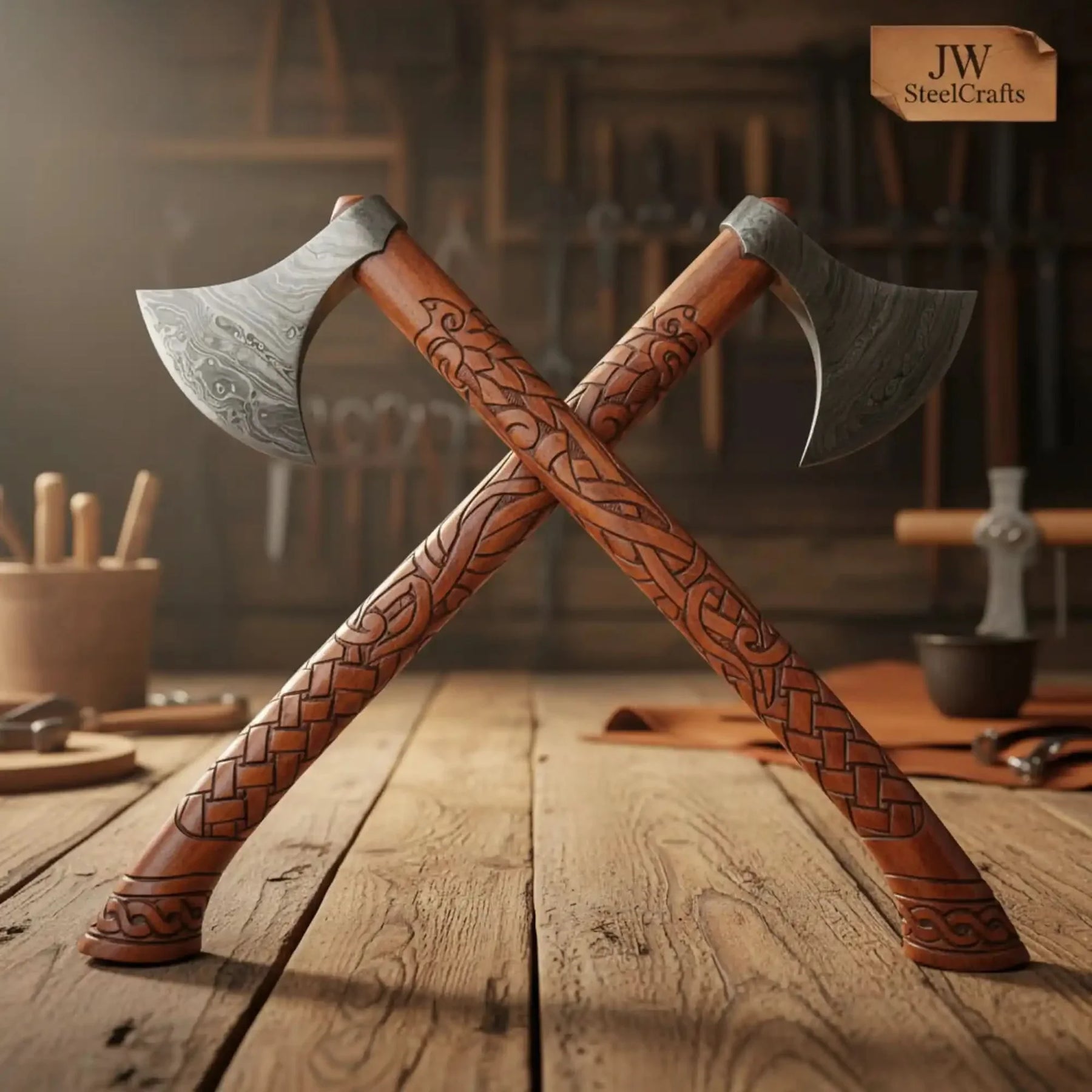 Handmade Norse Viking Axe Pair with Damascus Steel Heads & Hand Engraved Wooden Handles by JW SteelCrafts, Southern lifestyle apparel detail photo 4