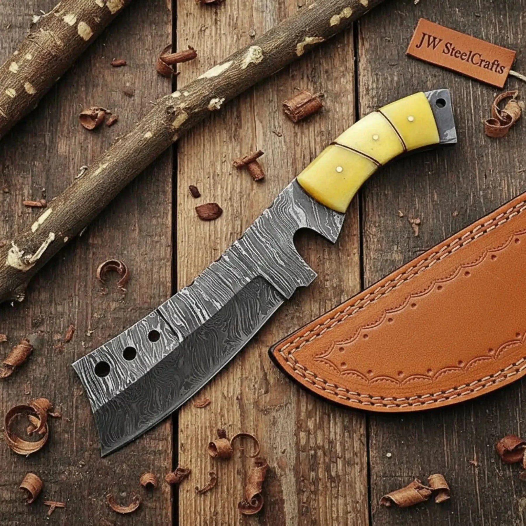 Handmade Damascus Tanto Knife with Camel Bone Handle | Full Tang Fixed Blade by JW SteelCrafts, Damascus knife detail photo 2