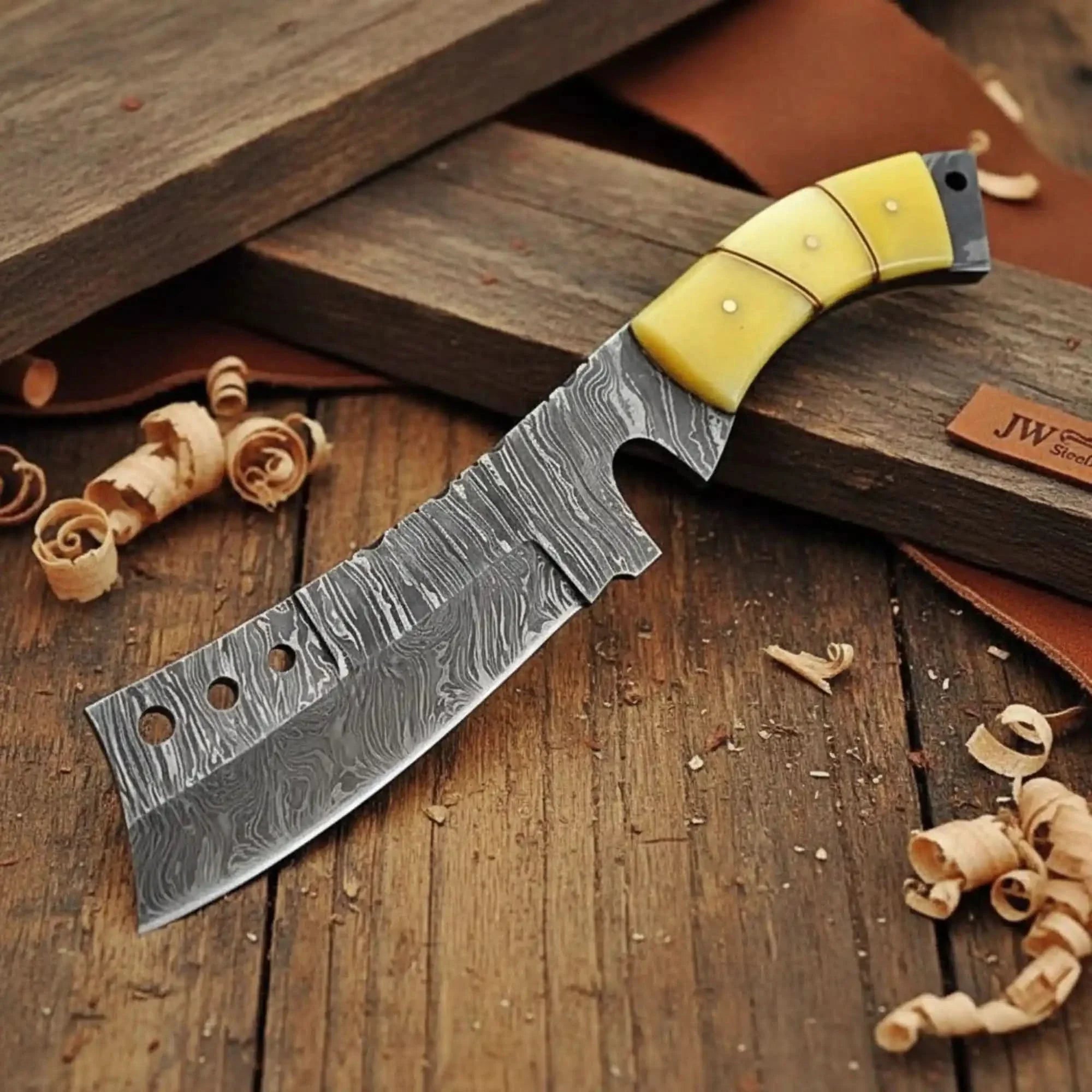 Handmade Damascus Tanto Knife with Camel Bone Handle | Full Tang Fixed Blade by JW SteelCrafts, Damascus knife main product photo
