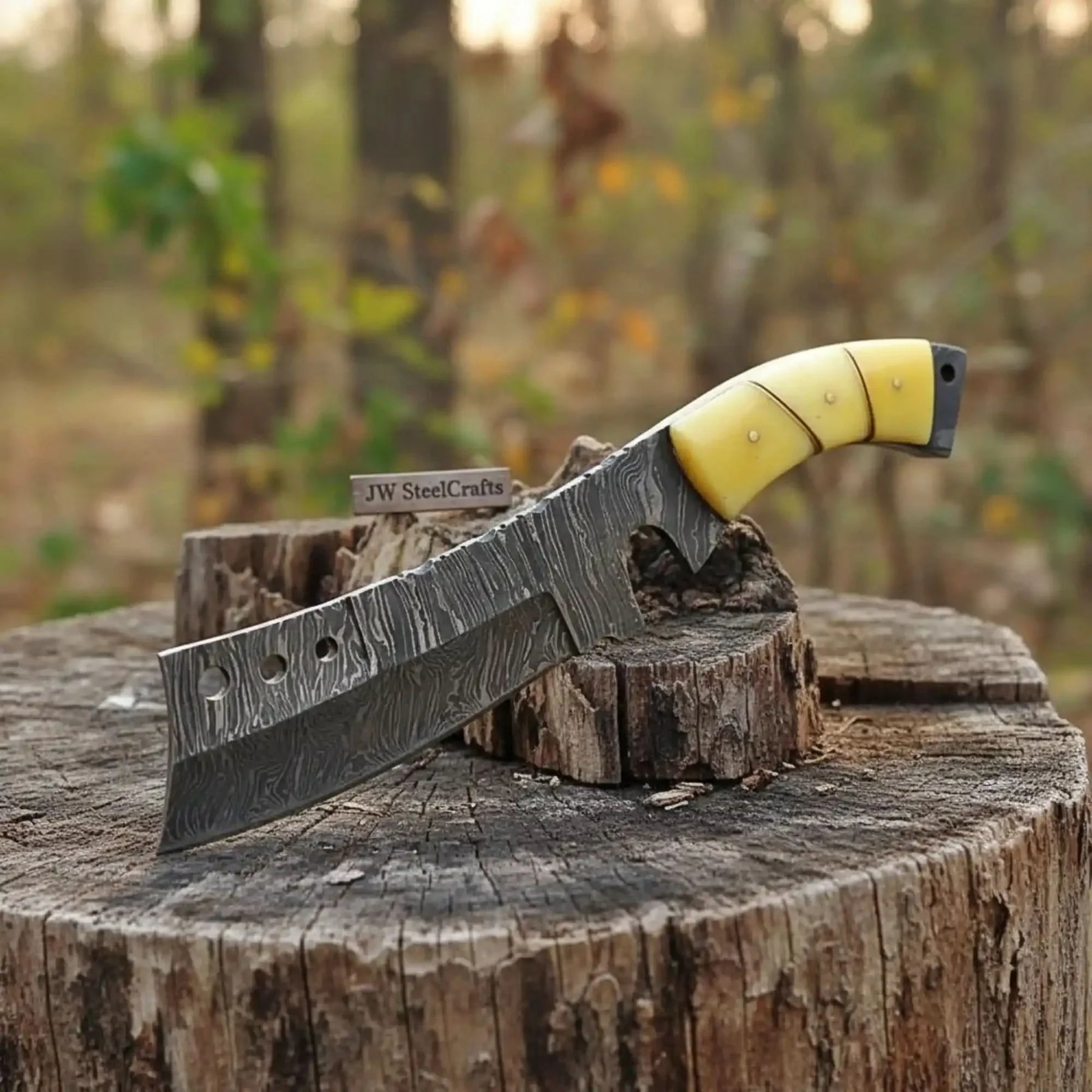 Handmade Damascus Tanto Knife with Camel Bone Handle | Full Tang Fixed Blade by JW SteelCrafts, Damascus knife detail photo 3