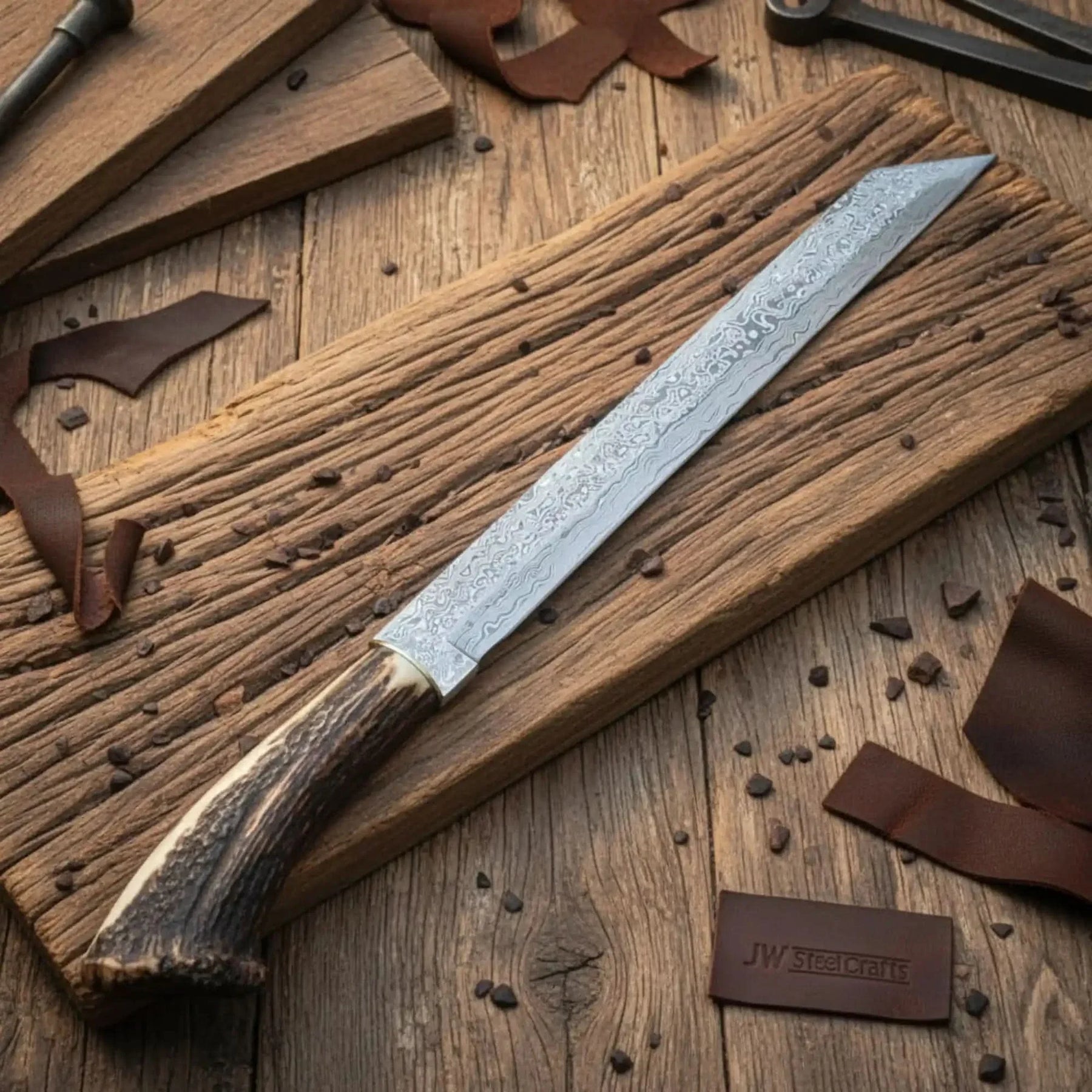 Long Seax Knife Straight Back Blade-Damascus steel | Medieval Style Knife by JW SteelCrafts, Damascus knife detail photo 3