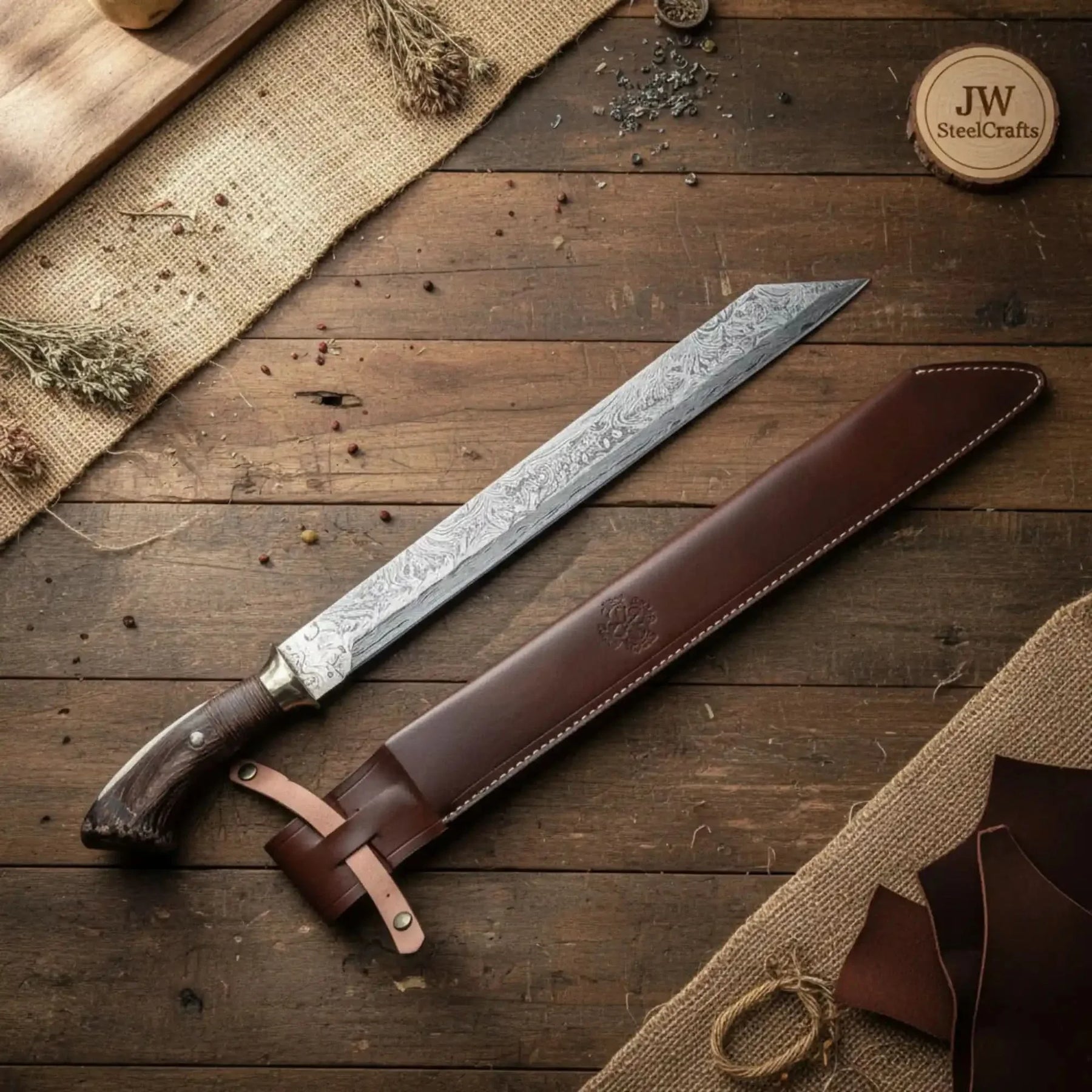 Long Seax Knife Straight Back Blade-Damascus steel | Medieval Style Knife by JW SteelCrafts, Damascus knife detail photo 4