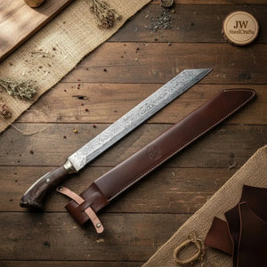 Long Seax Knife Straight Back Blade-Damascus steel | Medieval Style Knife by JW SteelCrafts, Damascus knife detail photo 4