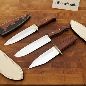 Handmade 3-Piece Chef Knife Set with Tali Wood Handles | Full Tang Kitchen Knife Collection by JW SteelCrafts, Damascus knife main product photo