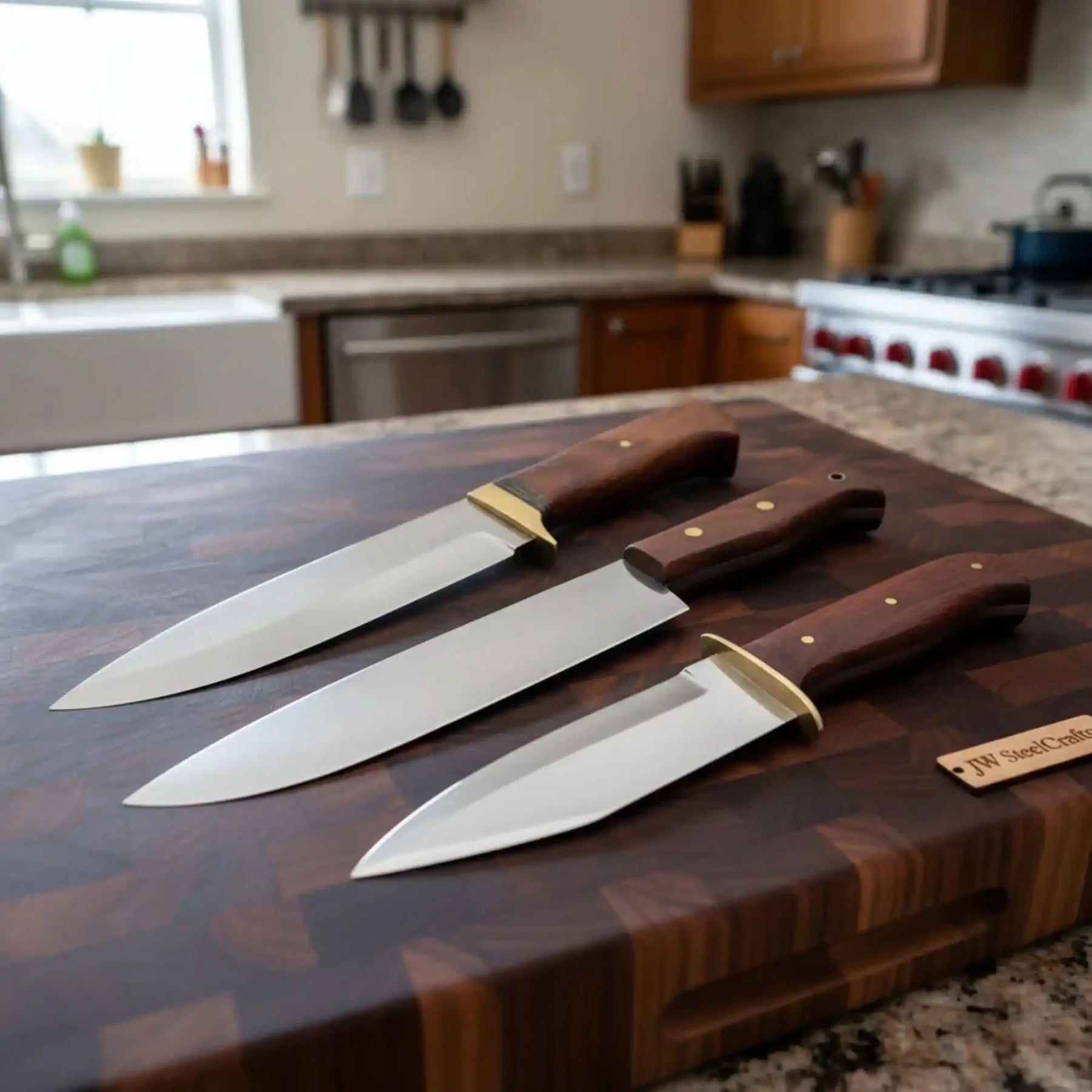 Handmade 3-Piece Chef Knife Set with Tali Wood Handles | Full Tang Kitchen Knife Collection by JW SteelCrafts, Damascus knife detail photo 2