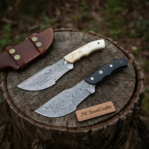Handmade Damascus Tracker Knife Pair with Camel Bone & Black Micarta Handles by JW SteelCrafts, Damascus knife detail photo 2