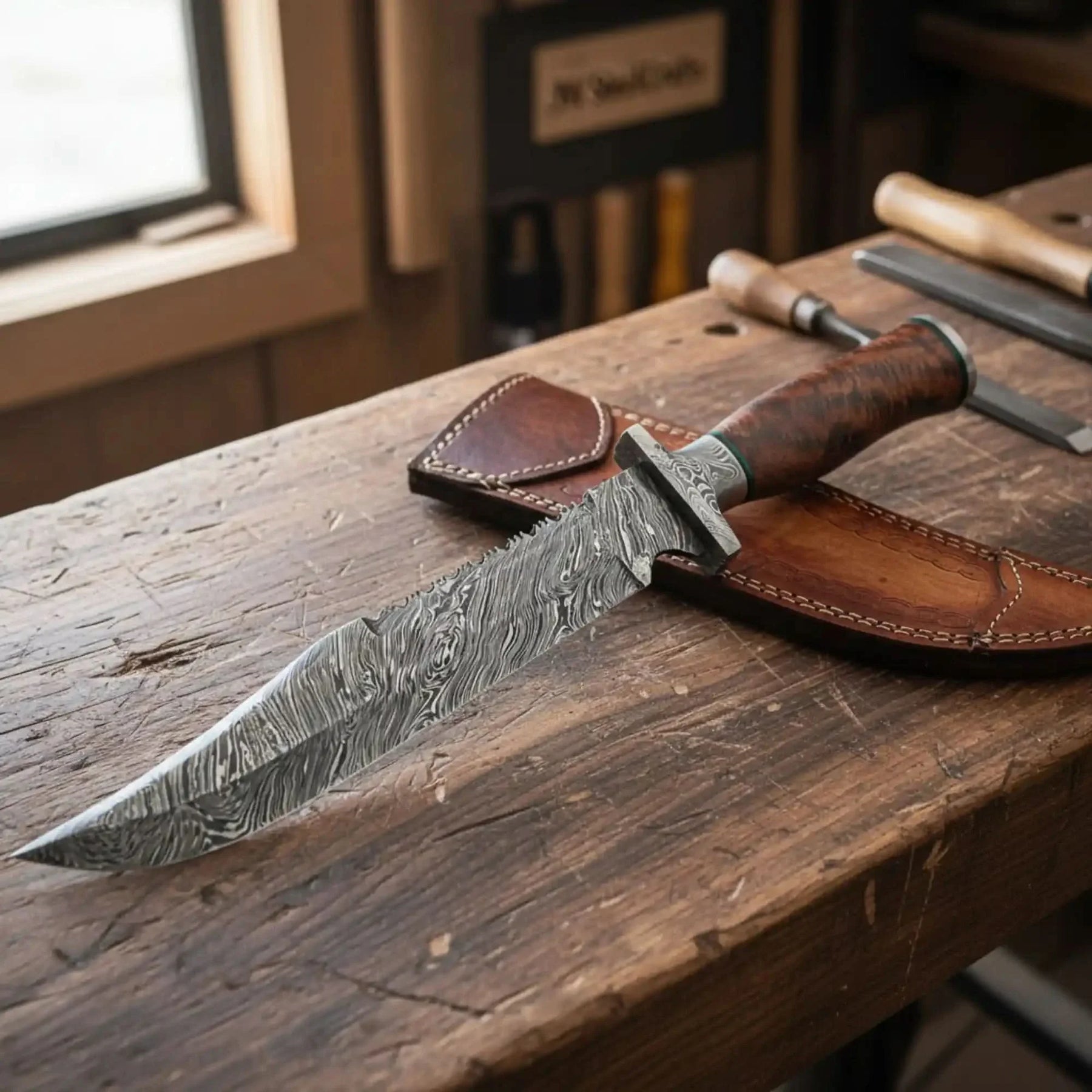 Handmade Damascus Bowie Knife with Natural Wood Handle Fixed Blade detail view by JW SteelCrafts
