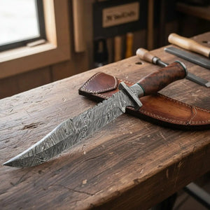 Handmade Damascus Bowie Knife with Natural Wood Handle Fixed Blade detail view by JW SteelCrafts