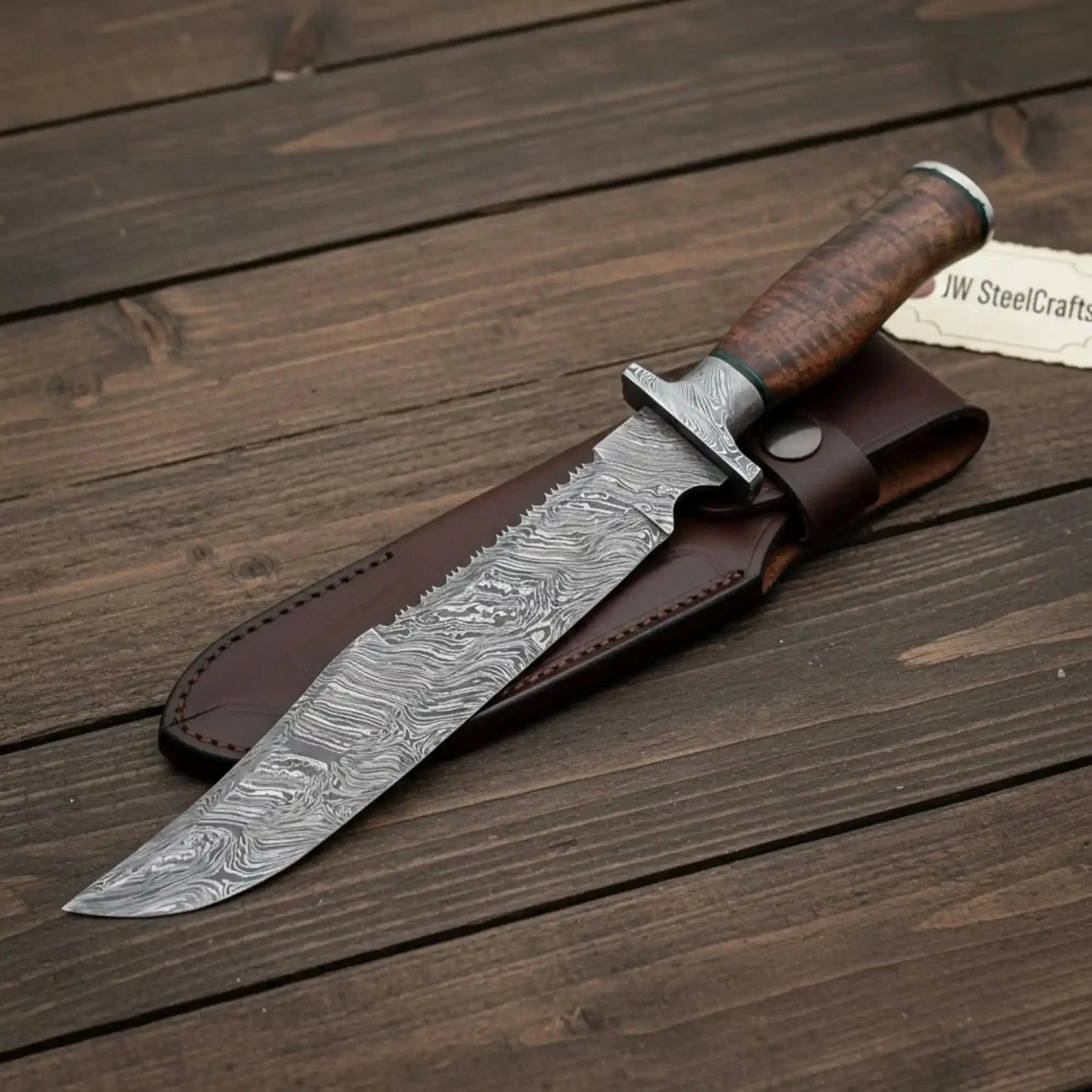 Handmade Damascus Bowie Knife with Natural Wood Handle Fixed Blade detail view by JW SteelCrafts