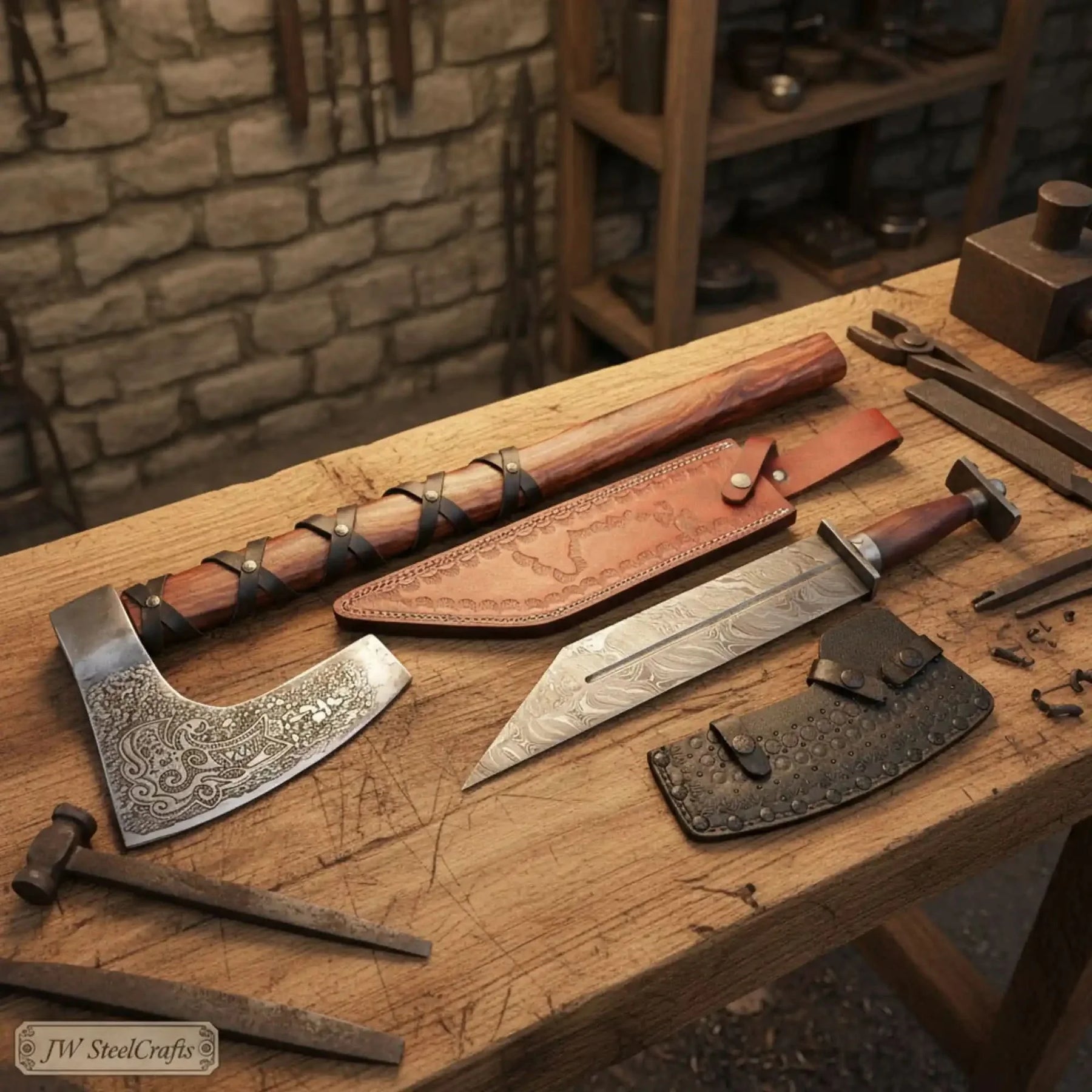Viking Bearded Axe and Seax Knife Set | Bushcraft Wood Cutting by JW SteelCrafts, Damascus knife detail photo 2