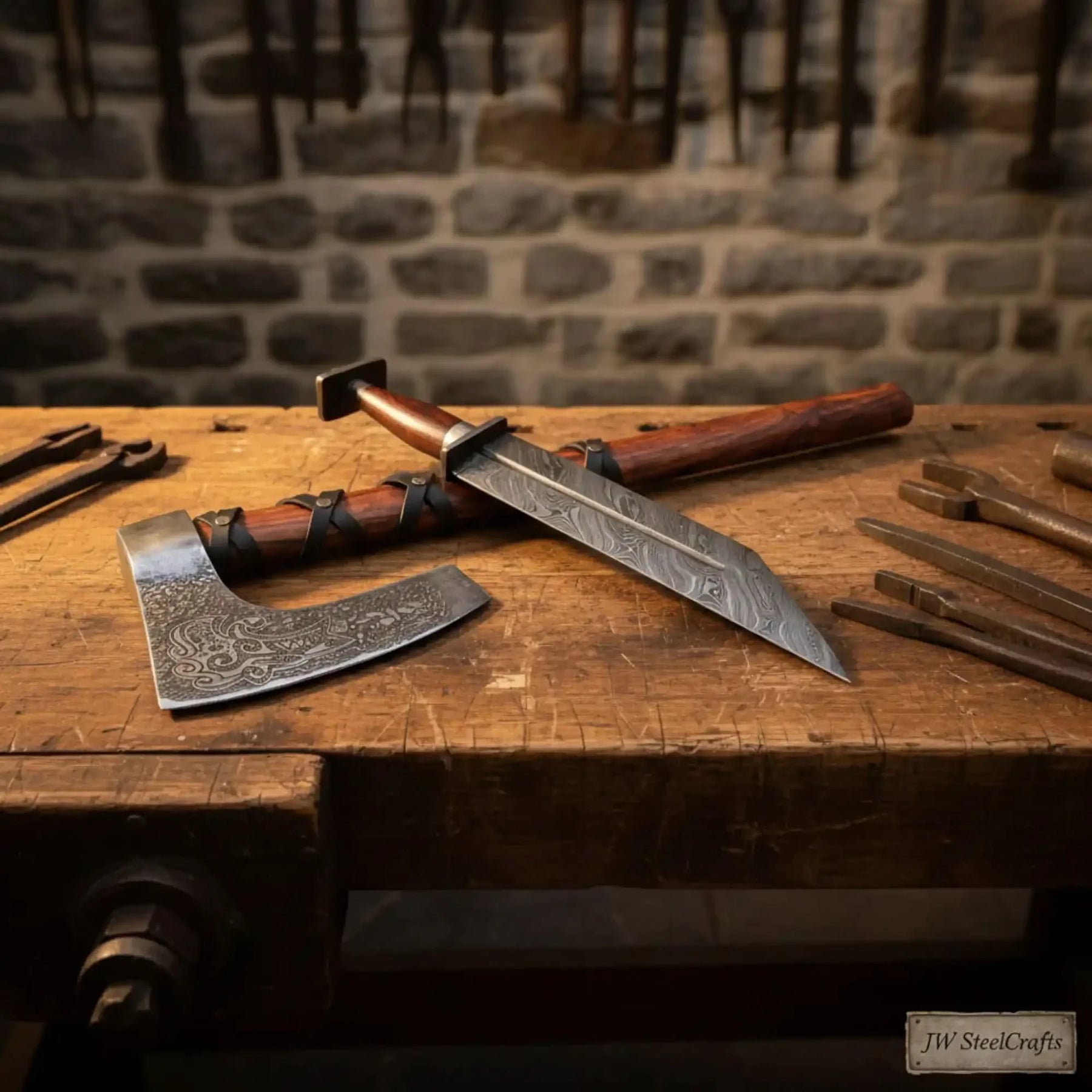 Viking Bearded Axe and Seax Knife Set | Bushcraft Wood Cutting by JW SteelCrafts, Damascus knife detail photo 4