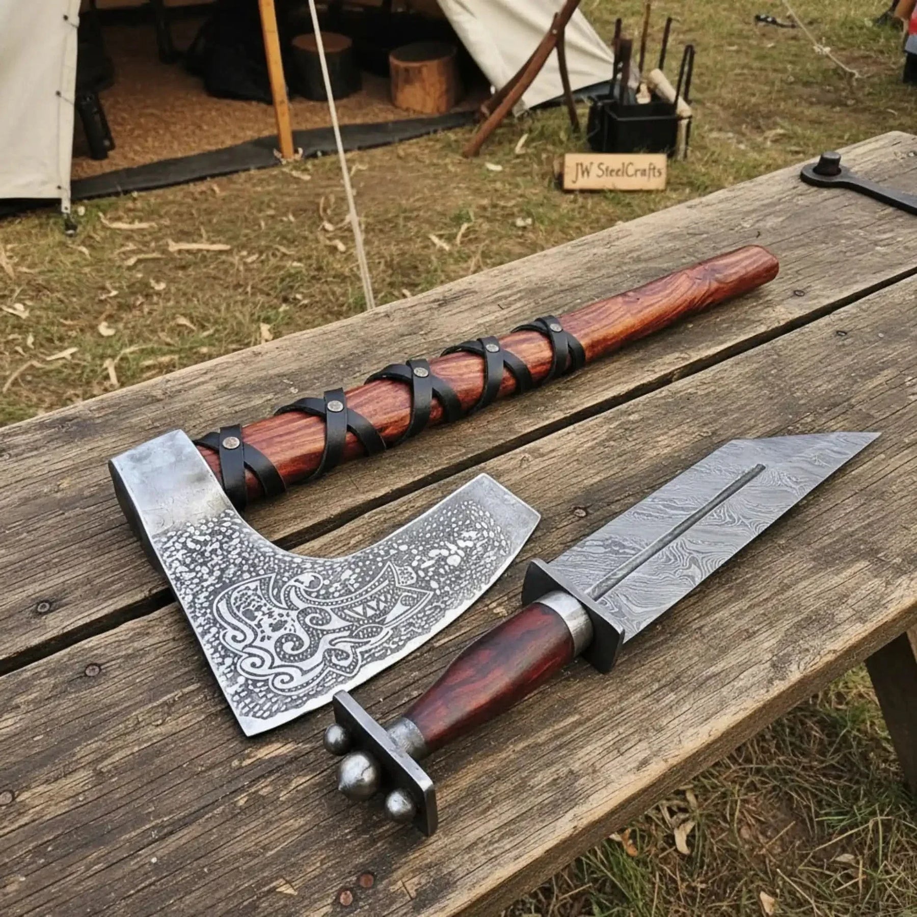 Viking Bearded Axe and Seax Knife Set | Bushcraft Wood Cutting by JW SteelCrafts, Damascus knife detail photo 5