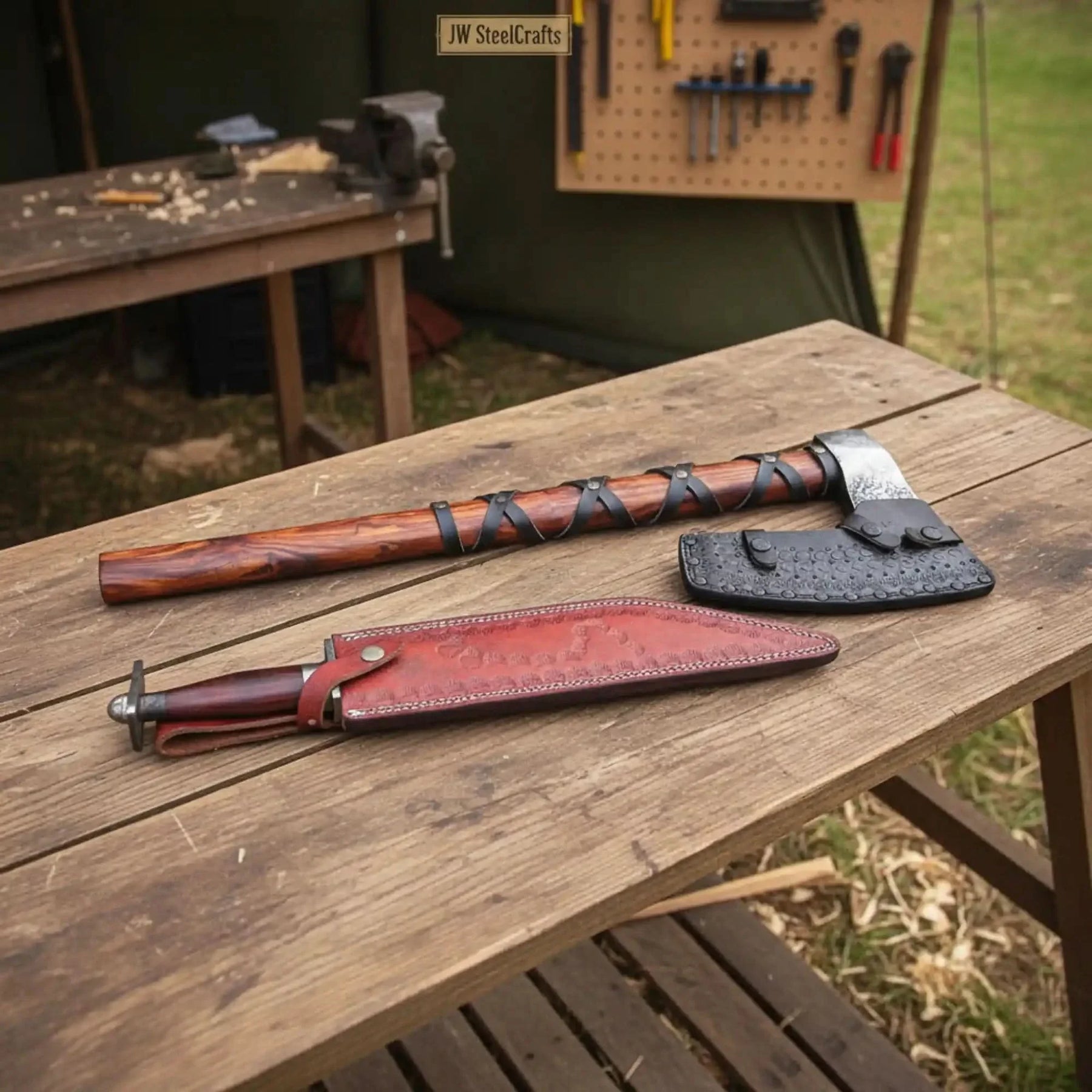 Viking Bearded Axe and Seax Knife Set | Bushcraft Wood Cutting by JW SteelCrafts, Damascus knife detail photo 7
