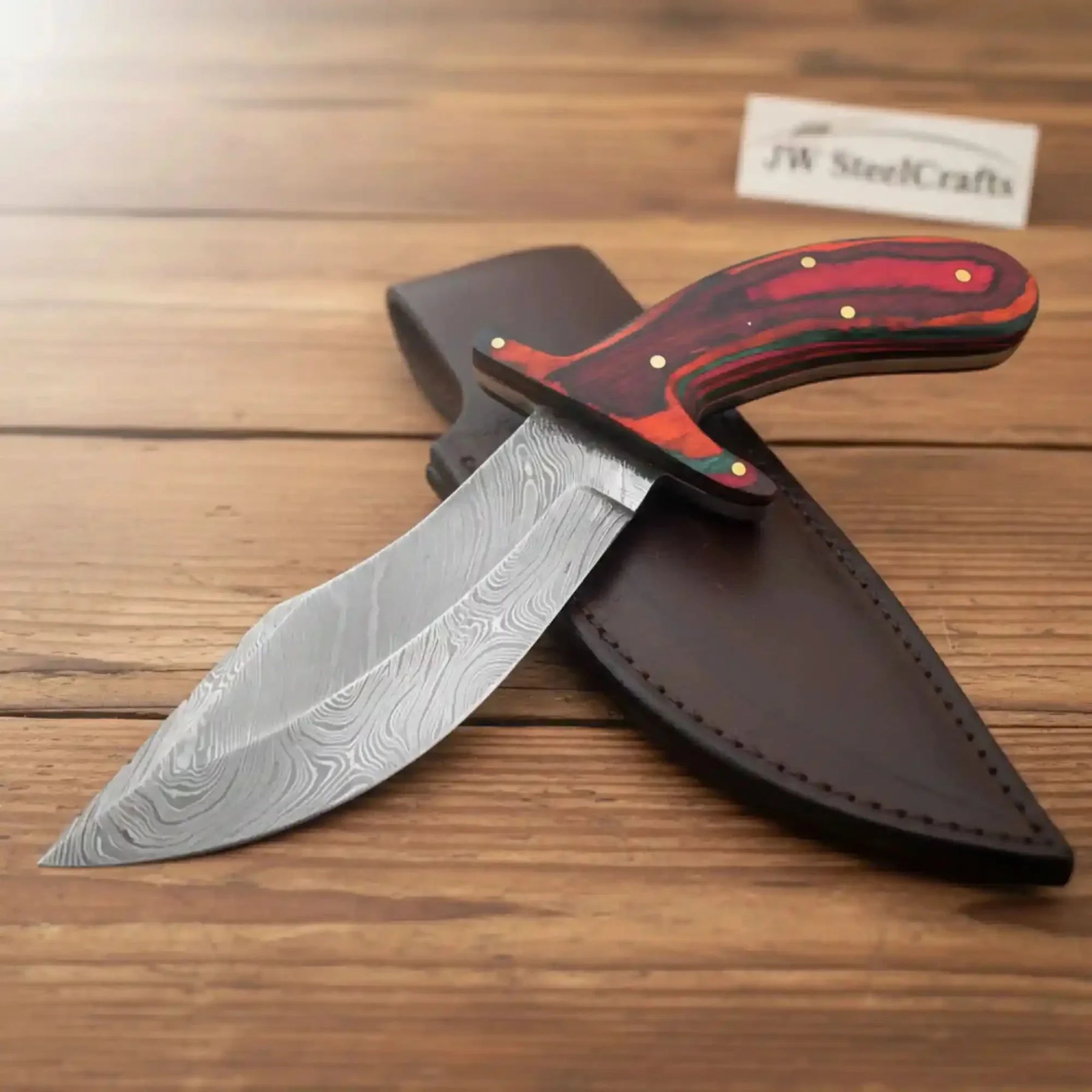 Handmade Damascus Upswept Skinner Knife with Multi-Color Pakka Wood Handle by JW SteelCrafts, Damascus knife detail photo 3