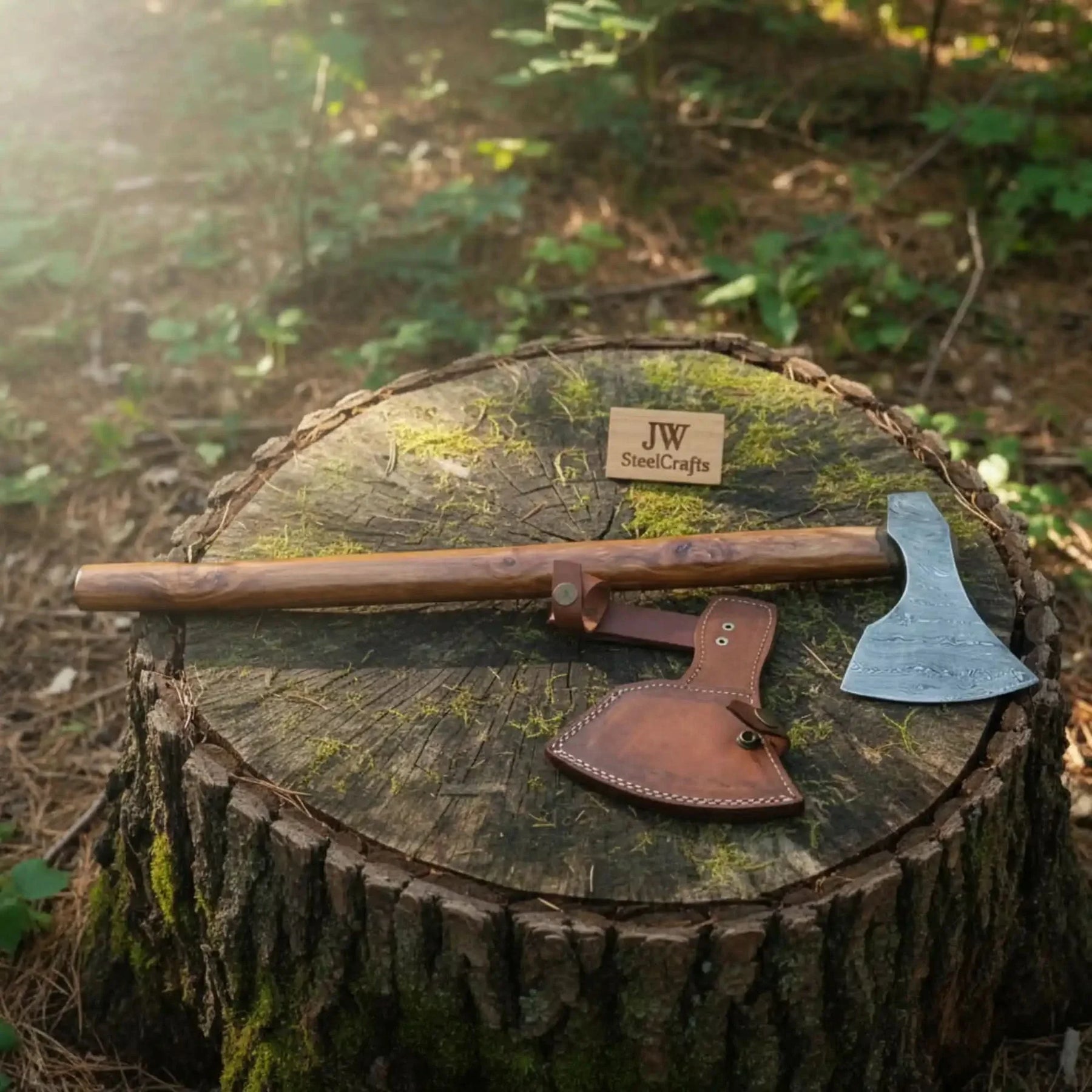 Handmade Damascus Camping Axe with Tali Wood Handle | Full Tang Outdoor Hatchet by JW SteelCrafts, Southern lifestyle apparel detail photo 2