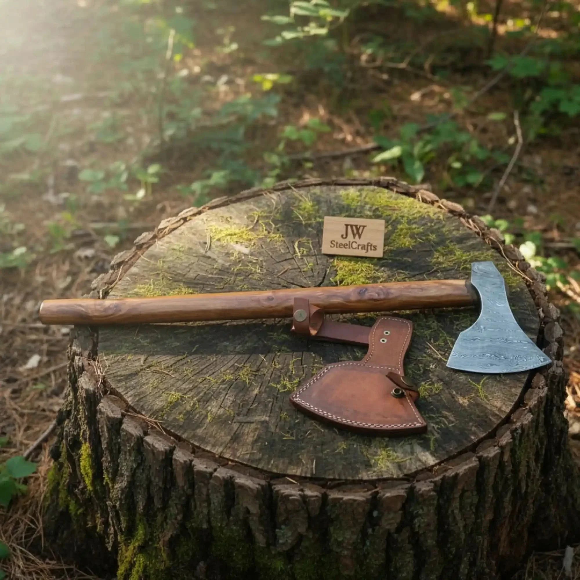 Handmade Damascus Camping Axe with Tali Wood Handle | Full Tang Outdoor Hatchet by JW SteelCrafts, Southern lifestyle apparel detail photo 2