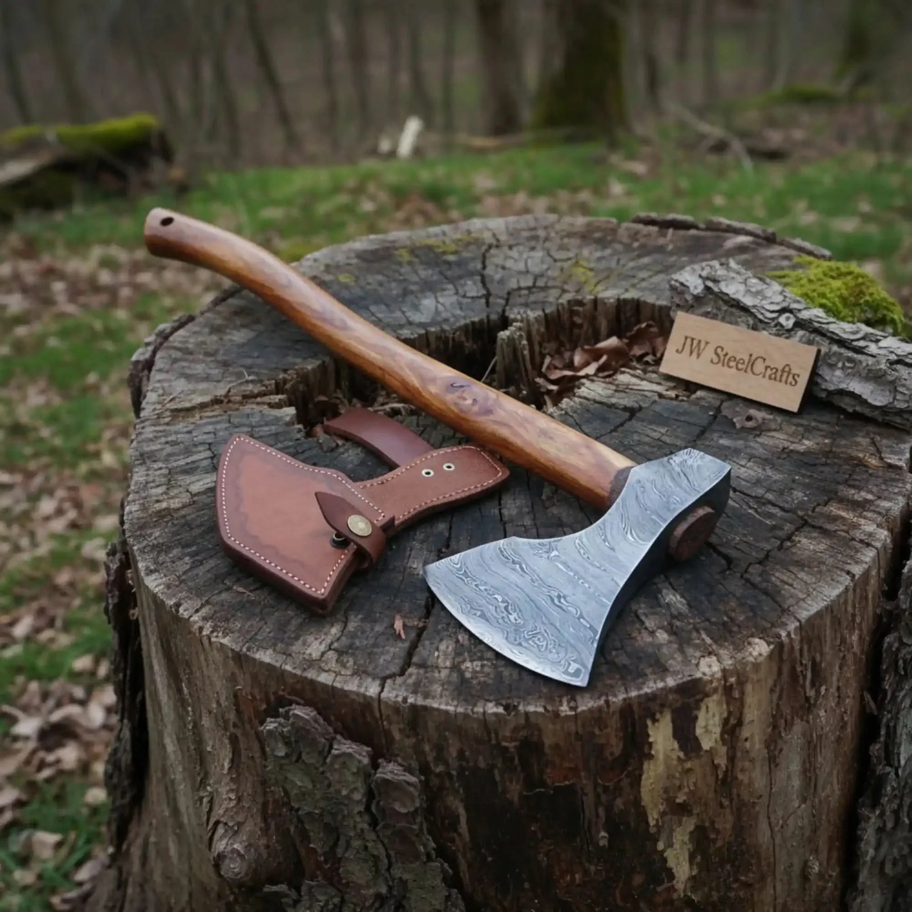 Handmade Damascus Camping Axe with Tali Wood Handle | Full Tang Outdoor Hatchet by JW SteelCrafts, Southern lifestyle apparel main product photo