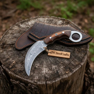 Handmade Damascus Karambit Knife with Multi-Color Micarta Handle by JW SteelCrafts, Damascus knife main product photo