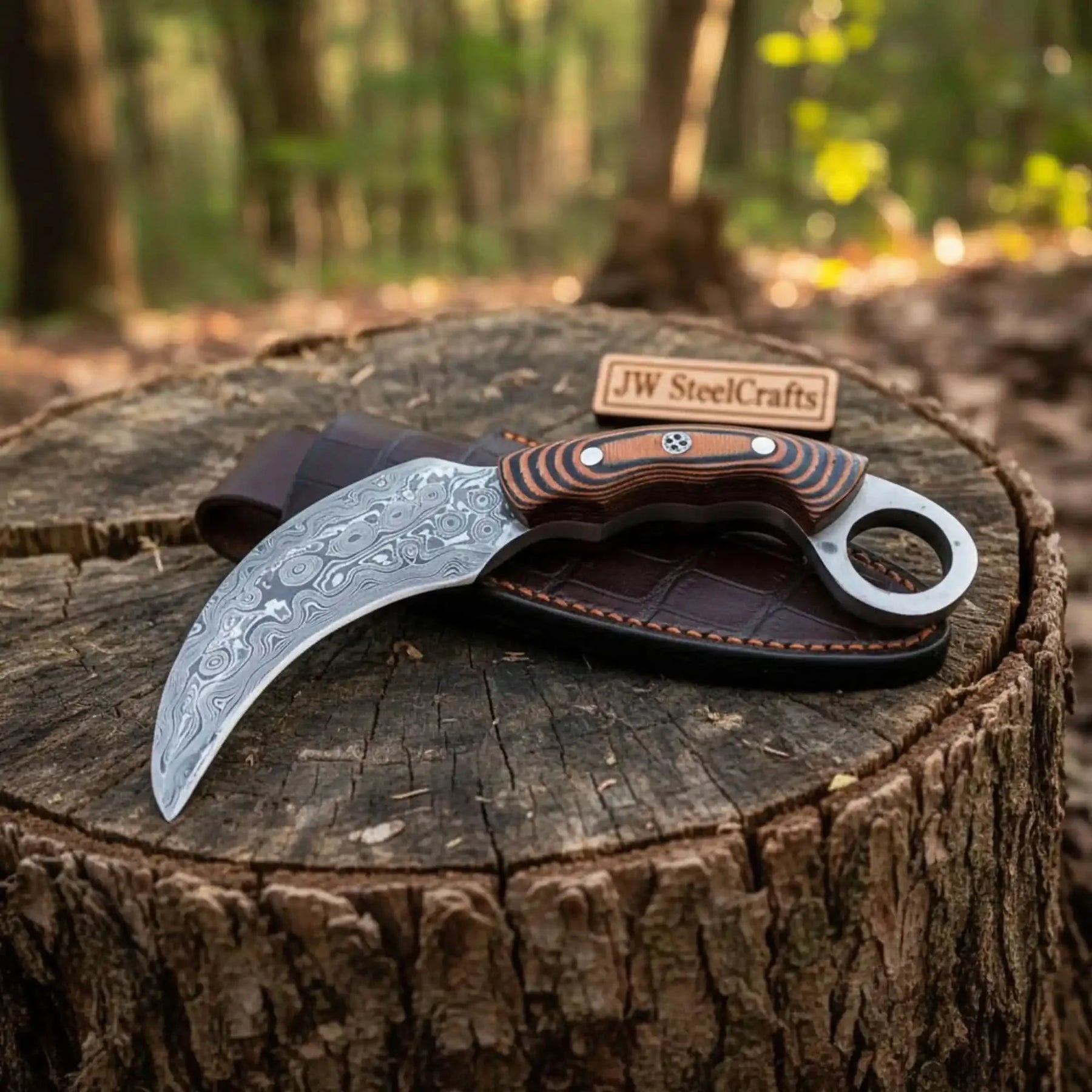 Handmade Damascus Karambit Knife with Multi-Color Micarta Handle by JW SteelCrafts, Damascus knife detail photo 3