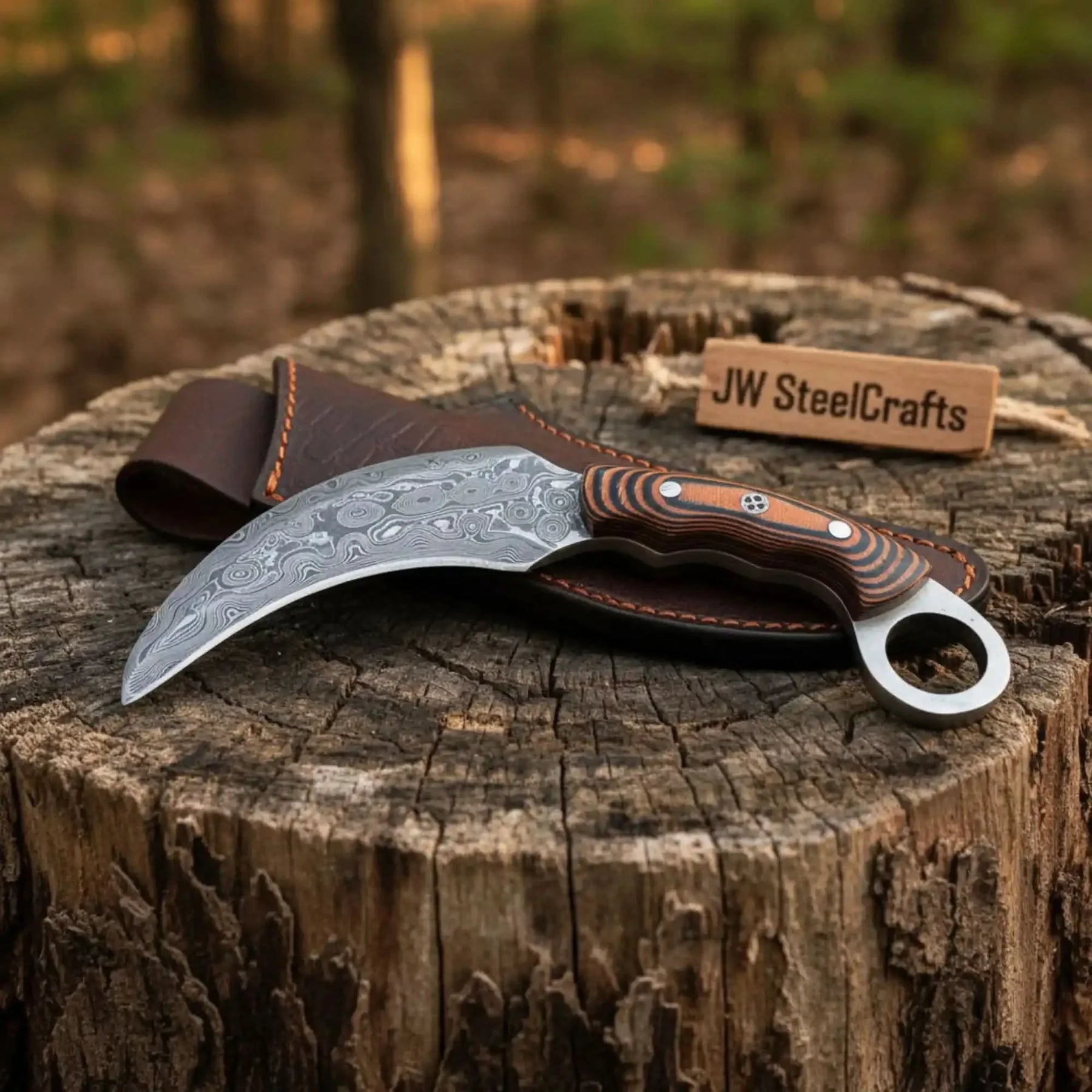 Handmade Damascus Karambit Knife with Multi-Color Micarta Handle by JW SteelCrafts, Damascus knife detail photo 4