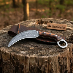 Handmade Damascus Karambit Knife with Multi-Color Micarta Handle by JW SteelCrafts, Damascus knife detail photo 4