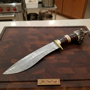 Handmade Damascus Bowie Knife with Stag Horn Handle | Full Tang Fixed Blade by JW SteelCrafts, Damascus knife detail photo 3