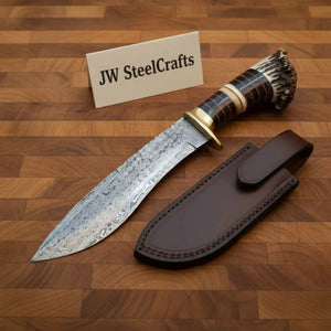 Handmade Damascus Bowie Knife with Stag Horn Handle | Full Tang Fixed Blade by JW SteelCrafts, Damascus knife detail photo 2