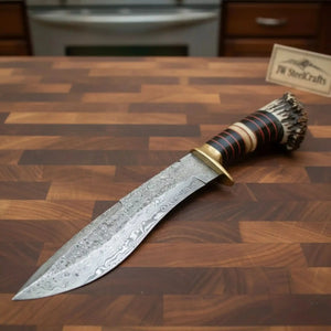 Handmade Damascus Bowie Knife with Stag Horn Handle | Full Tang Fixed Blade by JW SteelCrafts, Damascus knife main product photo