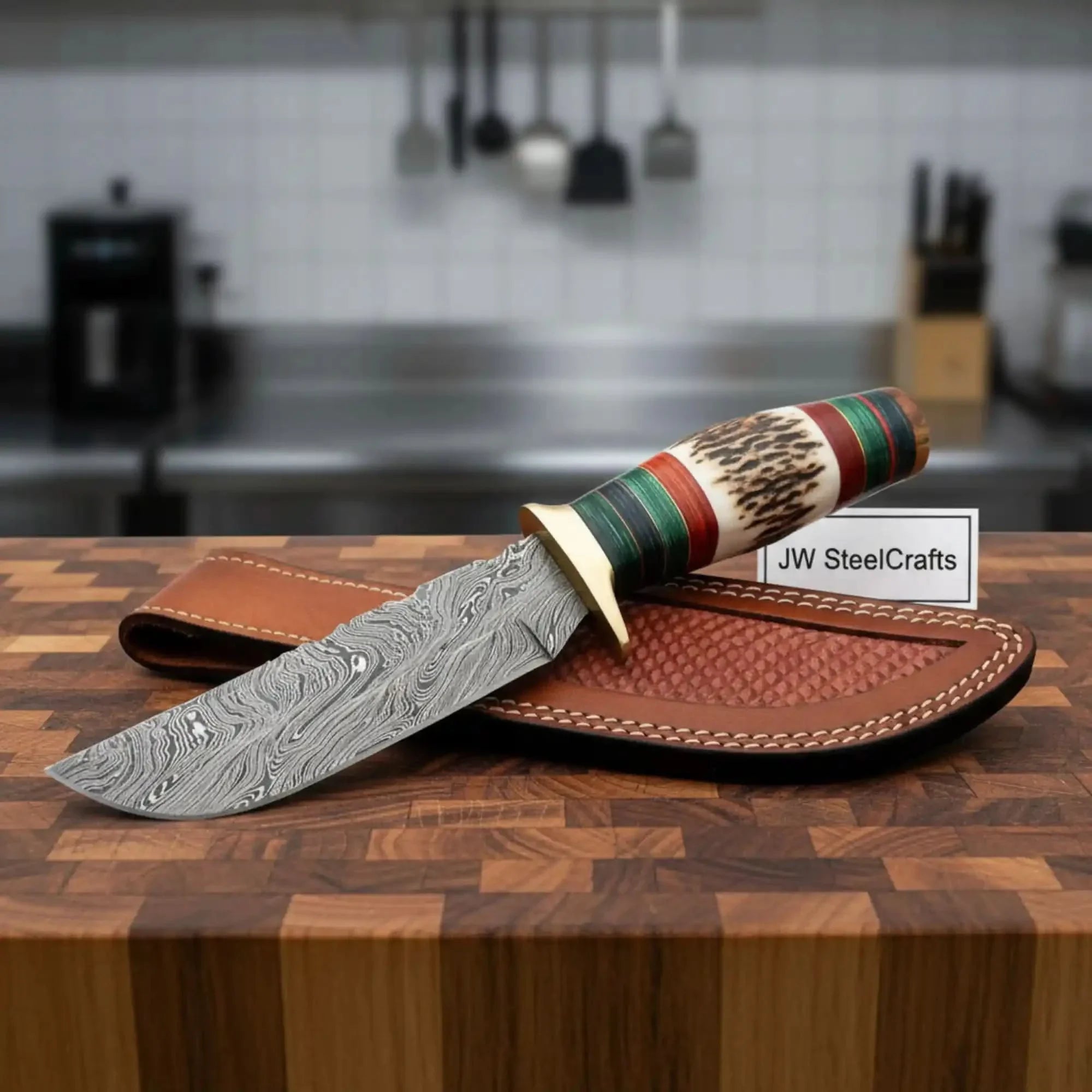 Handmade Damascus Straight Back Hunting Knife with Stag Handle Multi-Colored Pakka Wood Spacers by JW SteelCrafts, Damascus knife main product photo