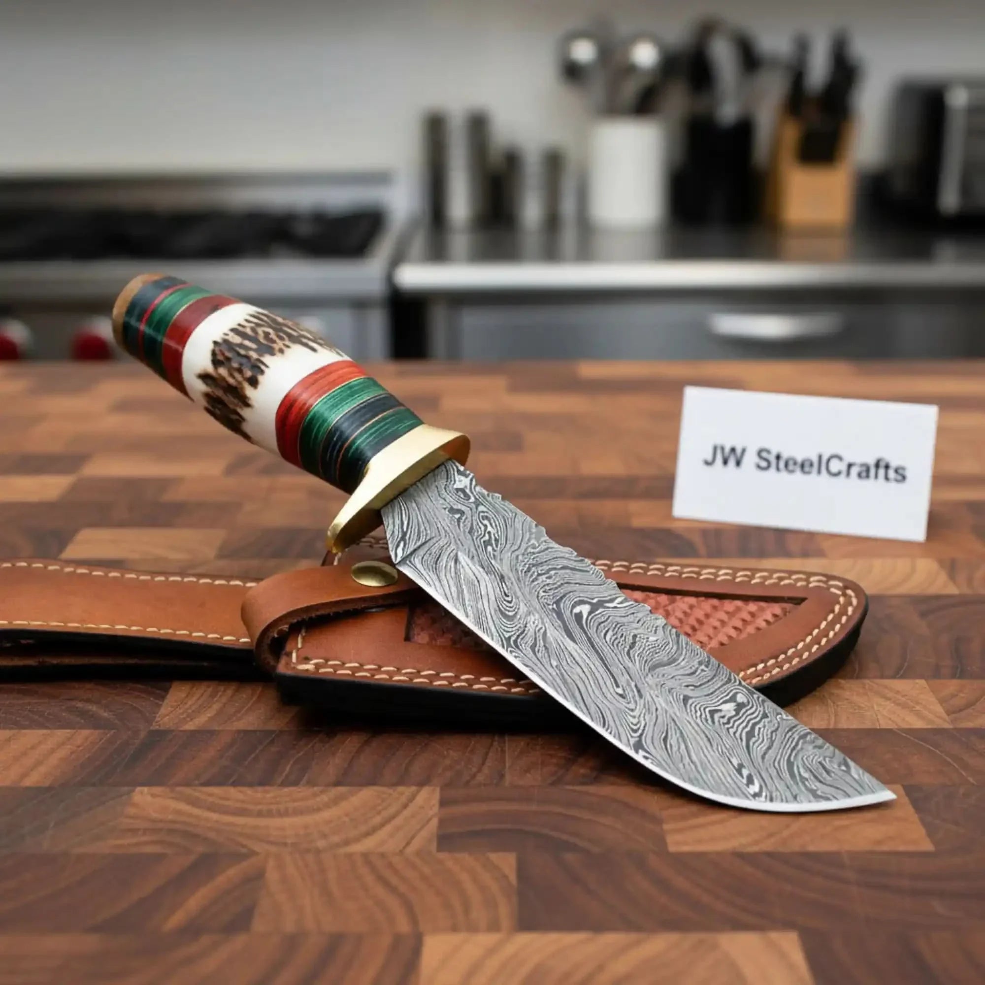 Handmade Damascus Straight Back Hunting Knife with Stag Handle Multi-Colored Pakka Wood Spacers by JW SteelCrafts, Damascus knife detail photo 2