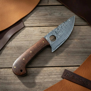 Handmade Damascus Mini Skinner Knife with Wooden Handle | Full Tang Drop Point Blade by JW SteelCrafts, Damascus knife main product photo