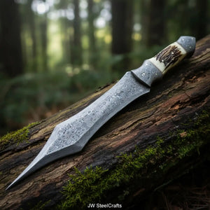 Handmade Damascus Medieval Spear Point Dagger with Stag Horn Handle by JW SteelCrafts, Southern handmade gift main product photo